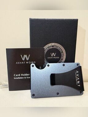 NEW Avant Wood Metal Card & Money Clip Wallet in Metallic Gray and Black